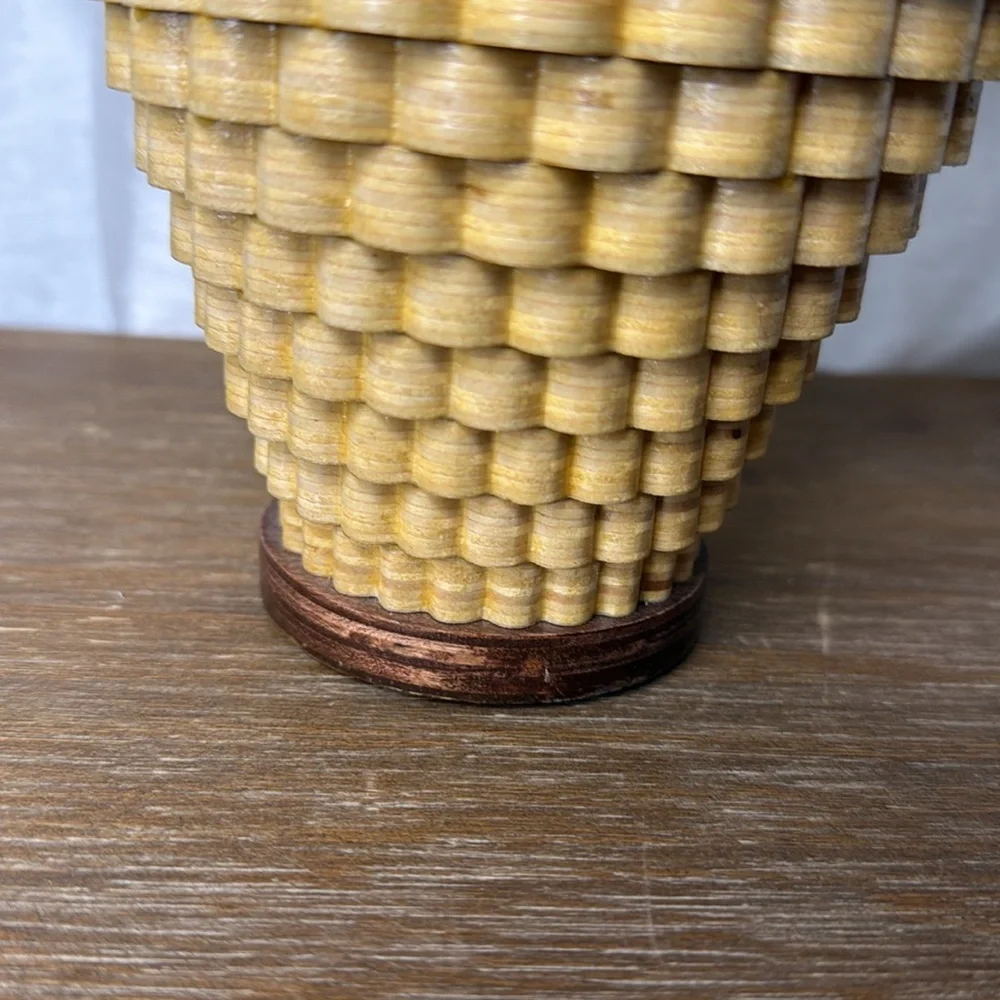 Handcrafted 9” Wooden Tornado Basket Vase Scalloped 2012 Signed Glazed